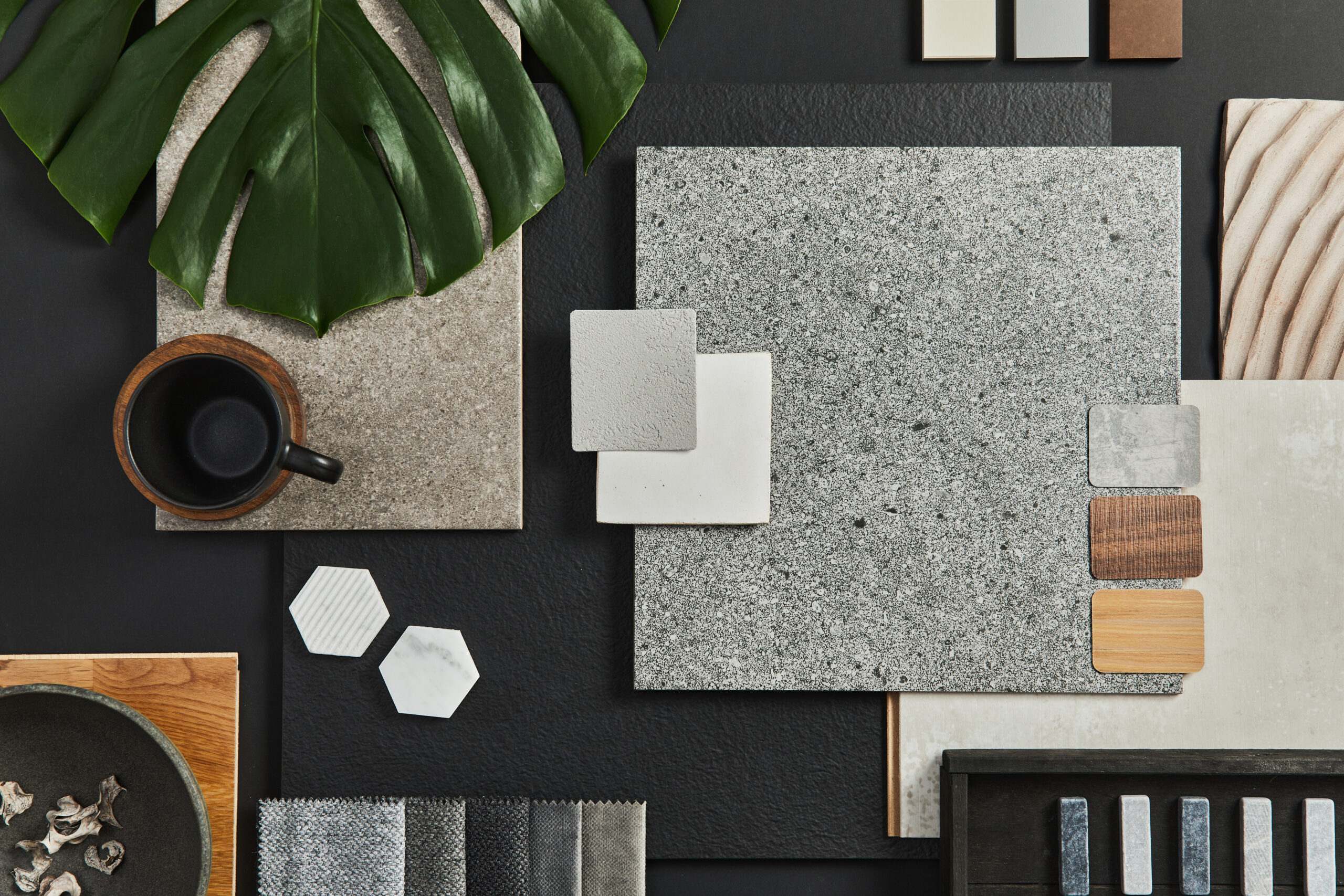 Flat lay composition of creative black architect moodboard with